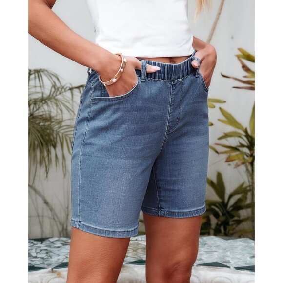 Women’s Jean Shorts Stretchy Mid Rise Casual Long Denim Summer Fashion - Picture 7 of 7
